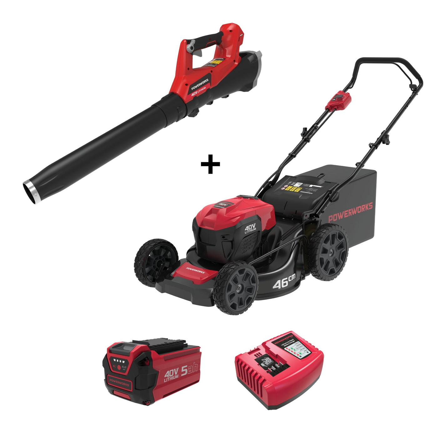 Powerworks 40V HP lawnmower and axial blower combo - Solo New Zealand