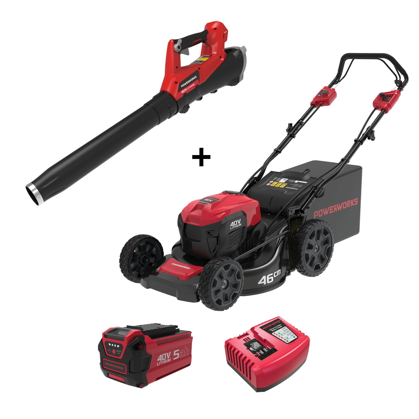 Powerworks 40V self-propelled lawnmower and axial blower combo - Solo New Zealand